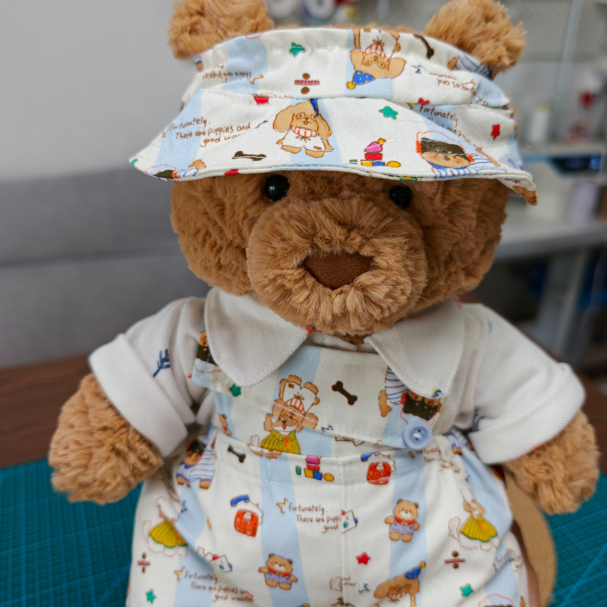 Handmade Cute Teddy Bear Overalls 3-Piece Outfit Set with Hat (Clothing Only, Plush Toy Not Included)