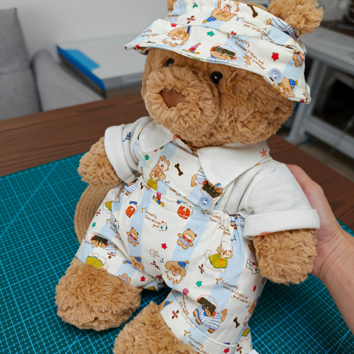 Handmade Cute Teddy Bear Overalls 3-Piece Outfit Set with Hat (Clothing Only, Plush Toy Not Included)