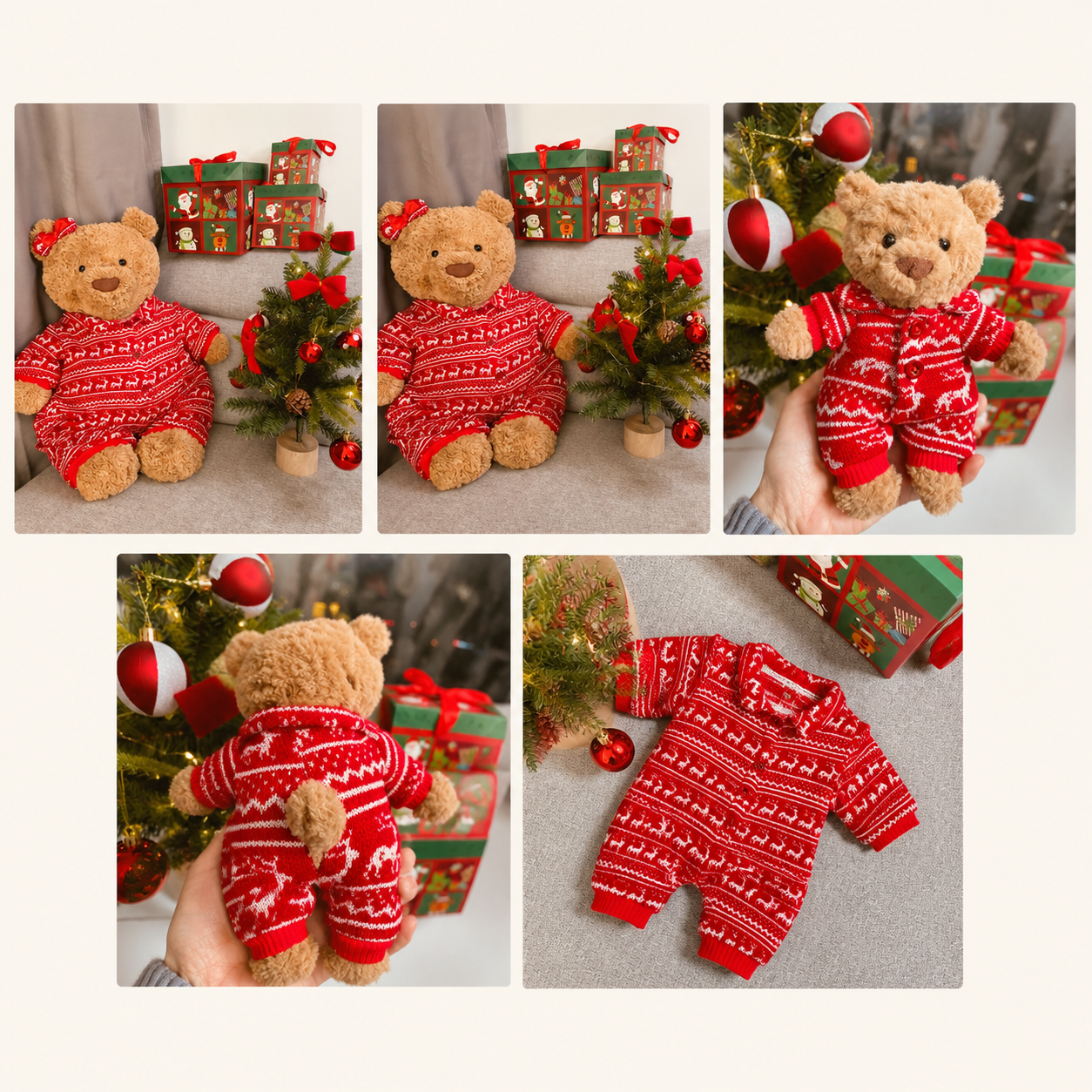 Handmade Christmas Red Knit Sweater Outfit for Teddy Bears | Cozy Holiday Plush Bear Clothes