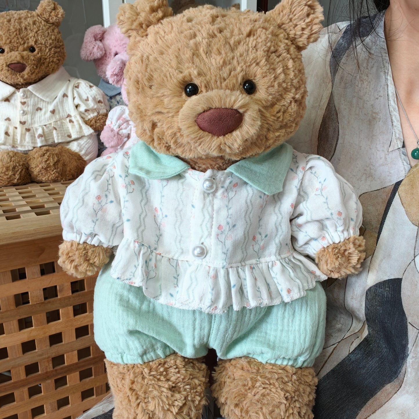 Cute Soft Teddy Bear Floral Dress Outfit Set – Clothes Only