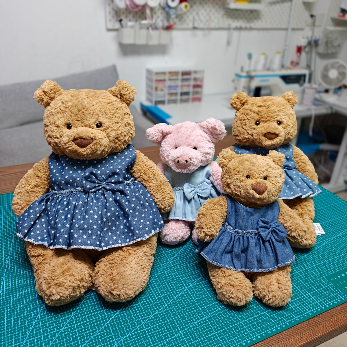 Handmade Cute Teddy Bear & Pig Denim Dress (Clothing Only, Plush Toy Not Included)