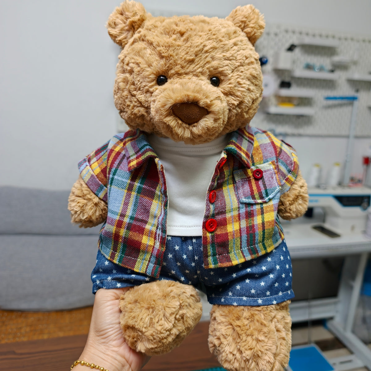 Handmade Plaid Shirt Outfit Set for Plush Bears, 3-Piece Clothing Set (Clothing Only, Plush Toy Not Included)
