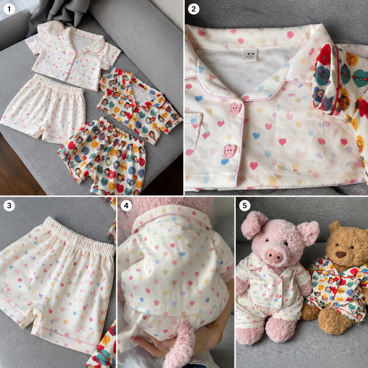 Handmade Cute Teddy Bear Pajama Set, Heart Pattern Top & Shorts, Plush Toy Clothes Only