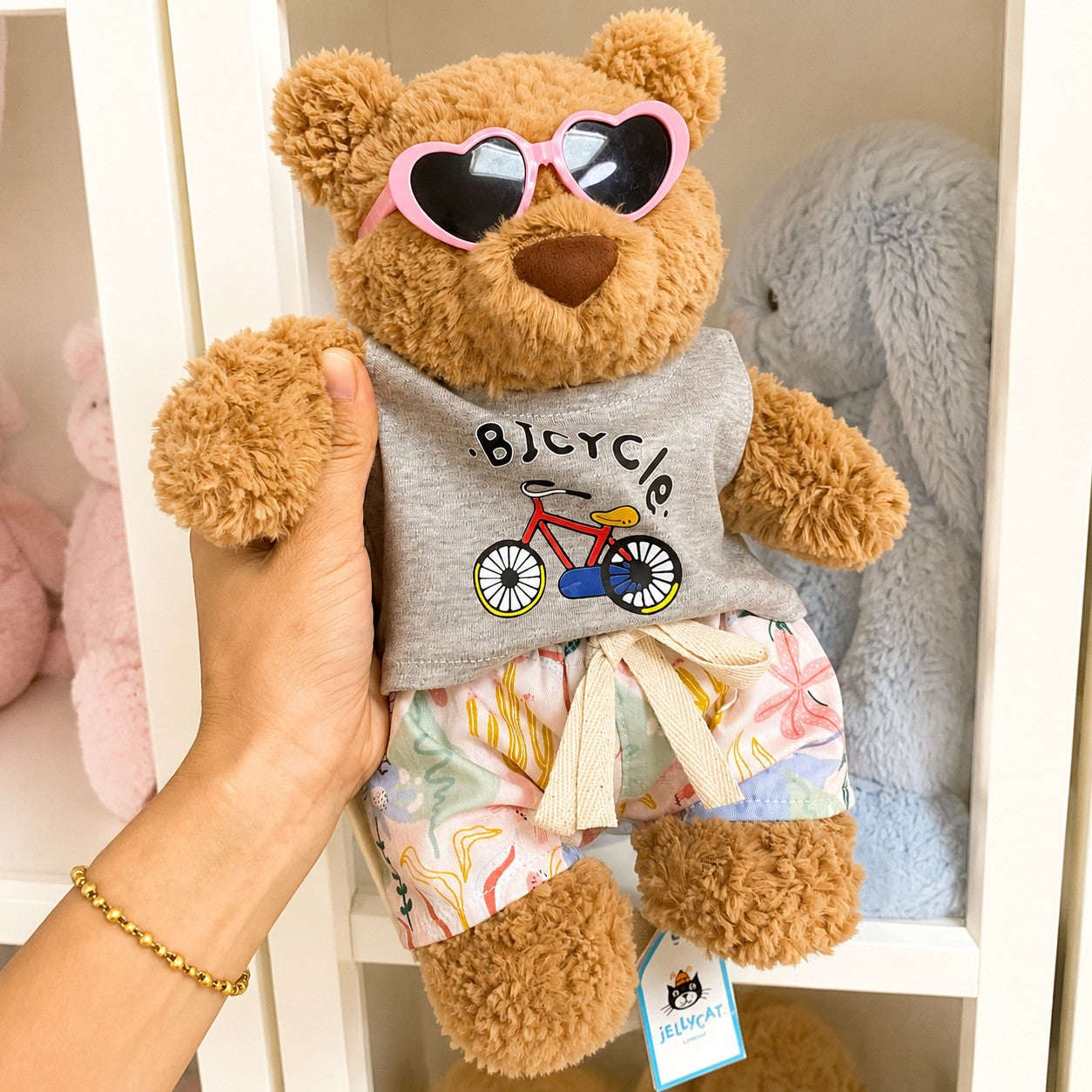 Handmade Teddy Bear Summer Outfit Set with Bicycle Tank Top & Printed Shorts | Casual Plush Bear Clothes Only