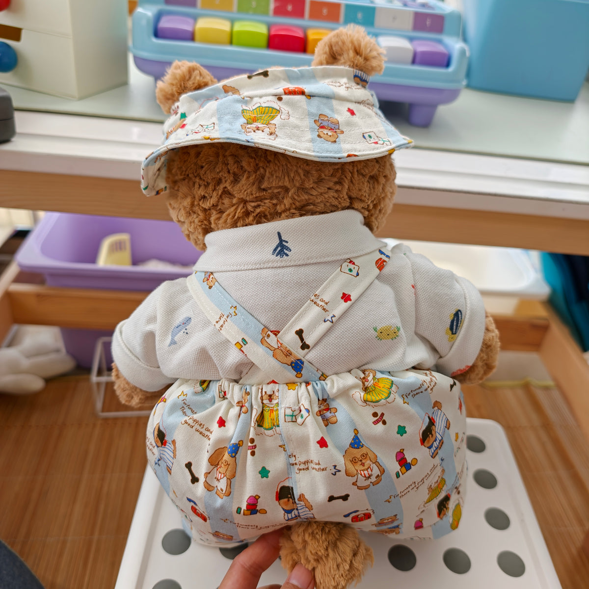 Handmade Cute Teddy Bear Overalls 3-Piece Outfit Set with Hat (Clothing Only, Plush Toy Not Included)