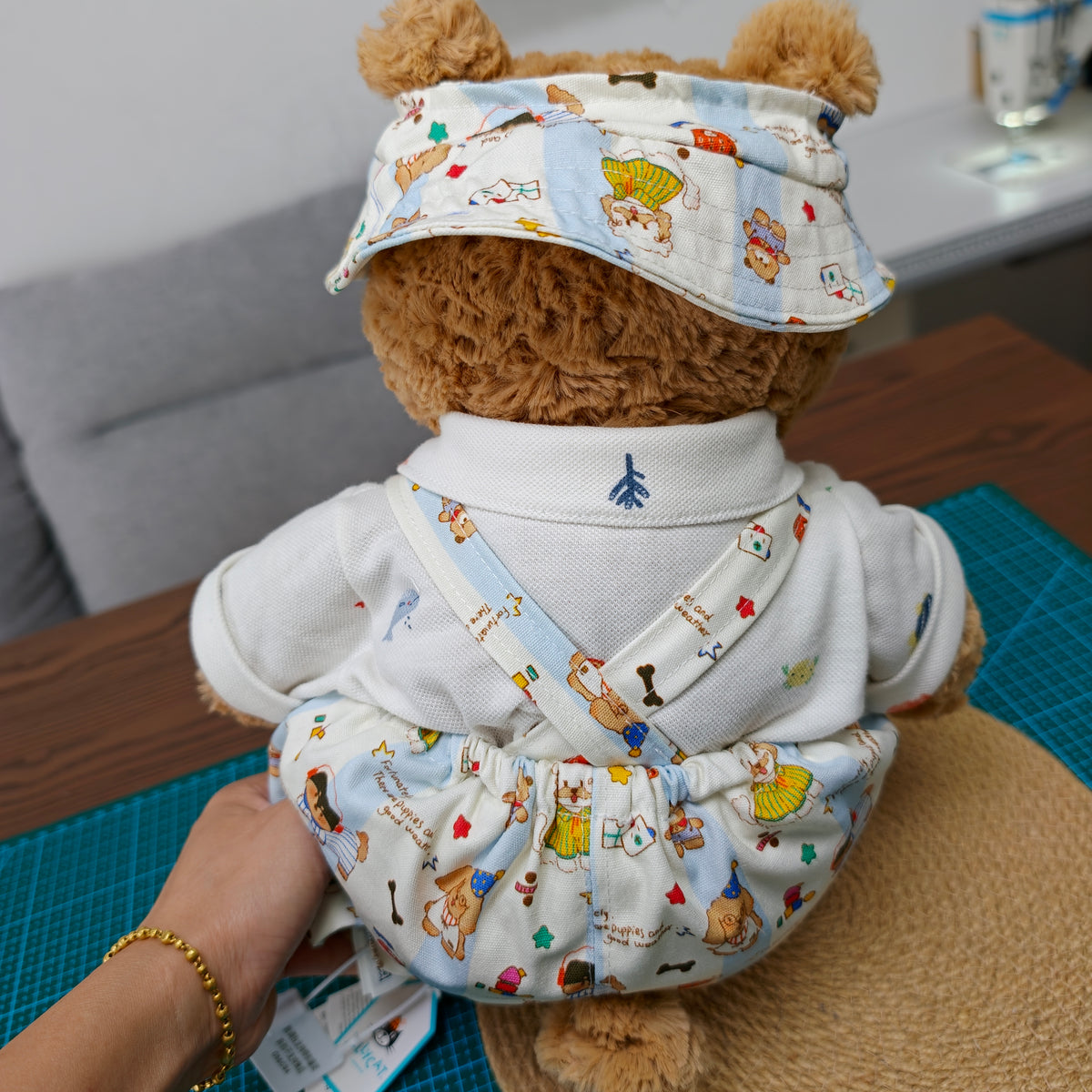 Handmade Cute Teddy Bear Overalls 3-Piece Outfit Set with Hat (Clothing Only, Plush Toy Not Included)
