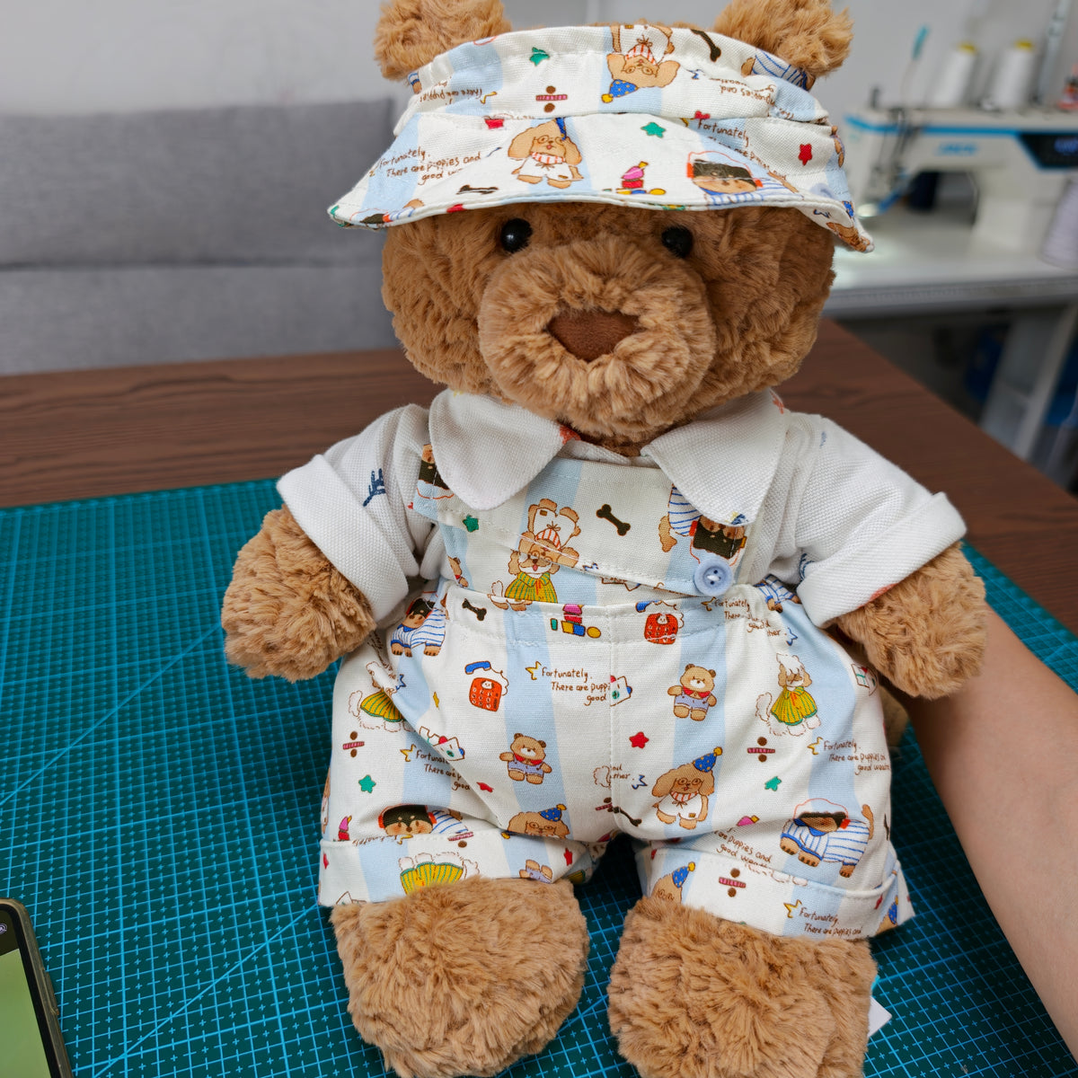 Handmade Cute Teddy Bear Overalls 3-Piece Outfit Set with Hat (Clothing Only, Plush Toy Not Included)