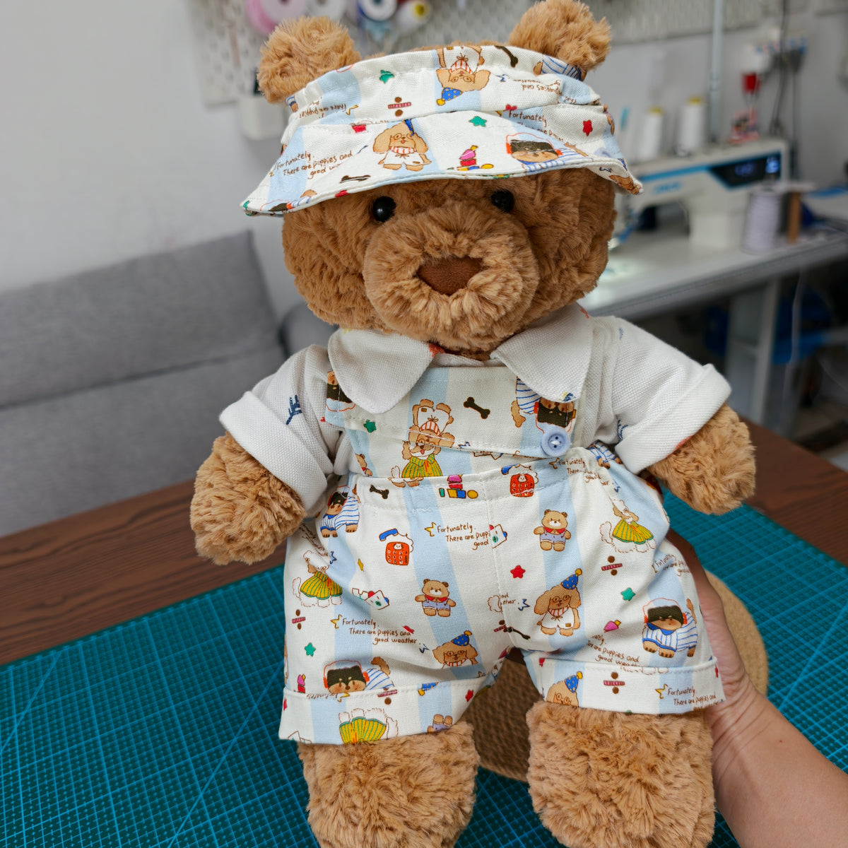 Handmade Cute Teddy Bear Overalls 3-Piece Outfit Set with Hat (Clothing Only, Plush Toy Not Included)