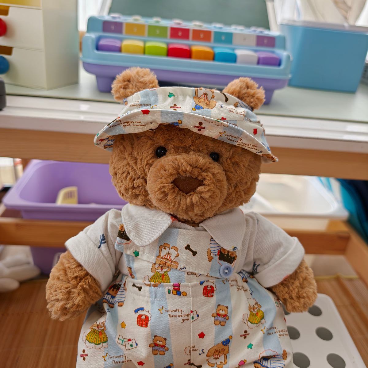 Handmade Cute Teddy Bear Overalls 3-Piece Outfit Set with Hat (Clothing Only, Plush Toy Not Included)