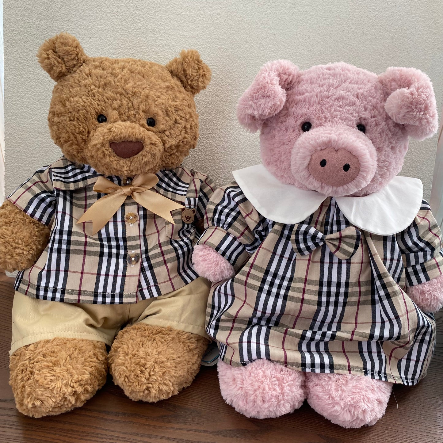 Handmade Plaid Shirt & Dress Outfit Set for Plush Bear and Pig | Teddy Bear Clothes Only
