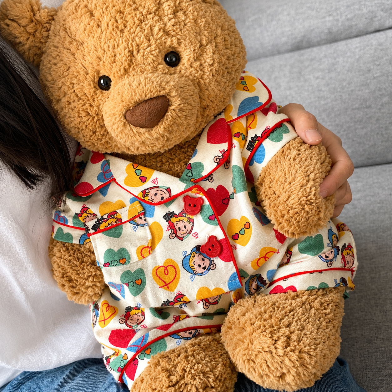 Handmade Cute Teddy Bear Pajama Set, Heart Pattern Top & Shorts, Plush Toy Clothes Only
