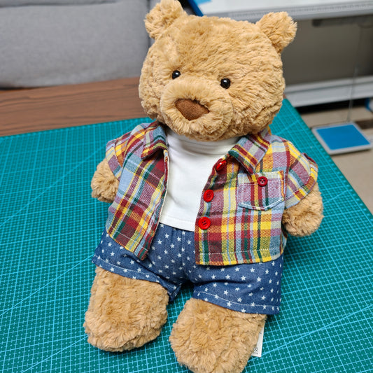 Handmade Plaid Shirt Outfit Set for Plush Bears, 3-Piece Clothing Set (Clothing Only, Plush Toy Not Included)