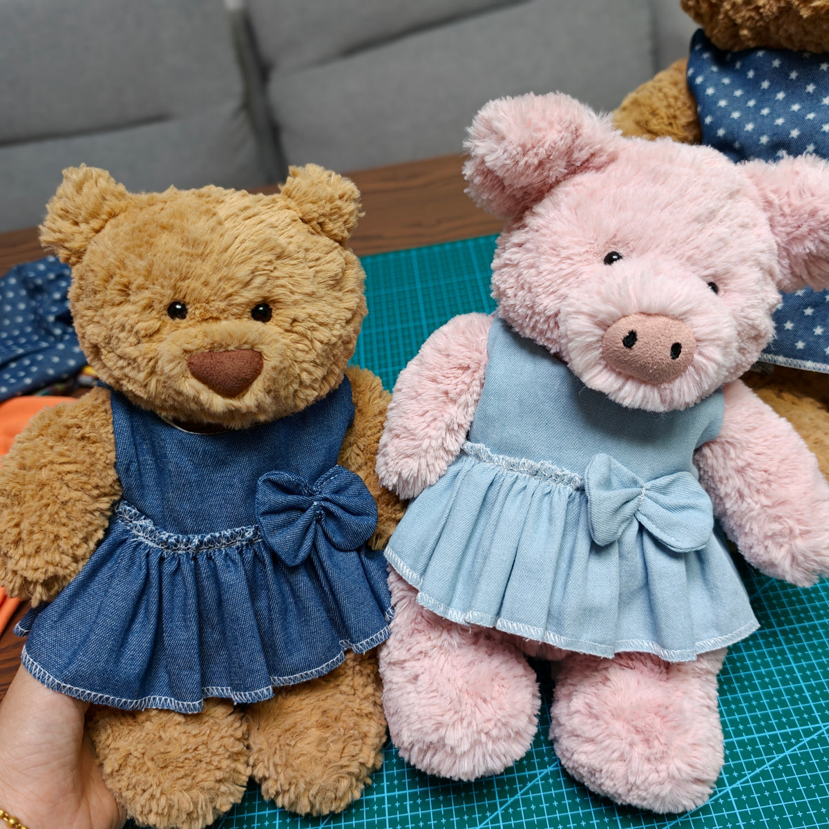 Handmade Cute Teddy Bear & Pig Denim Dress (Clothing Only, Plush Toy Not Included)